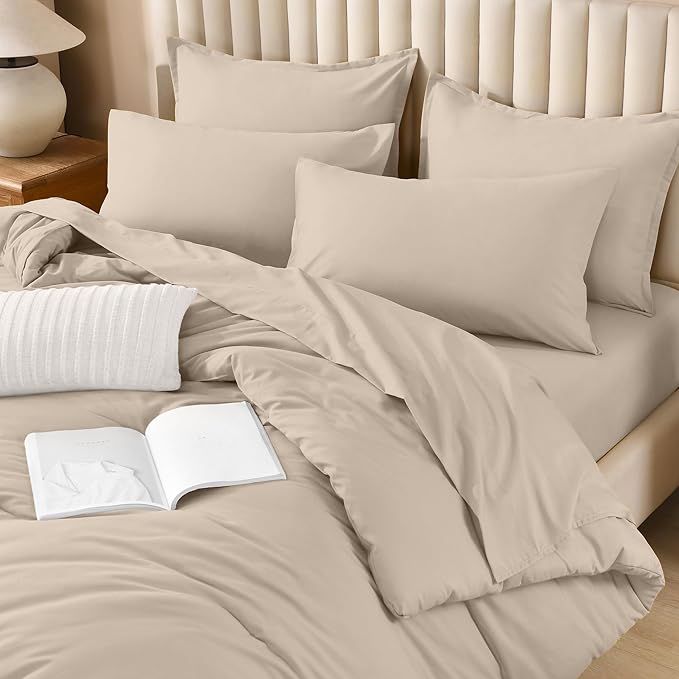 Litanika Comforter King Size Set Khaki - 7 Pieces Bed in a Bag King Bedding Comforter Sets, Plain Lightweight Bed Set with Comforter, Sheets, Pillowcases & Shams