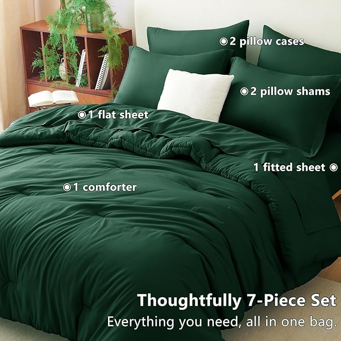 CozyLux Queen Comforter Set Emerald Green, 7 Pieces Bed in a Bag Queen Comforter Set with Sheets, Luxury Soft Bedding Set with Down Alternative Comforter, Fitted Sheet, Flat Sheet, Pillowcases & Shams