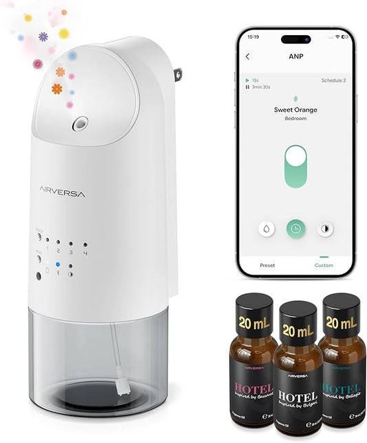 Airversa Smart Waterless Diffuser Plug in Wall for Essential Oils, 160mL, App Control Scent Diffuser with Buttons, Up to 800 sq ft, Oil Diffuser for Home, Room, Spa, Office, Studio, ANP White Kit