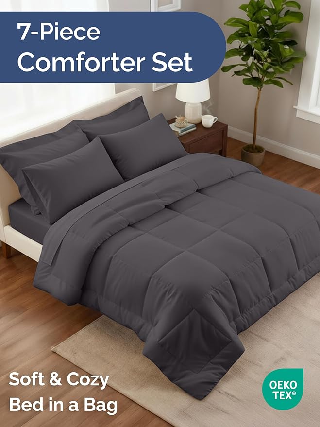 King Comforter Set - 7 Piece Bed in a Bag King Size Bed Set - Down Alternative Comforter, Flat Sheet, Fitted Sheet, Pillowcase & Shams for All Seasons - Ultra Soft, Comfy and Breathable - Dark Grey