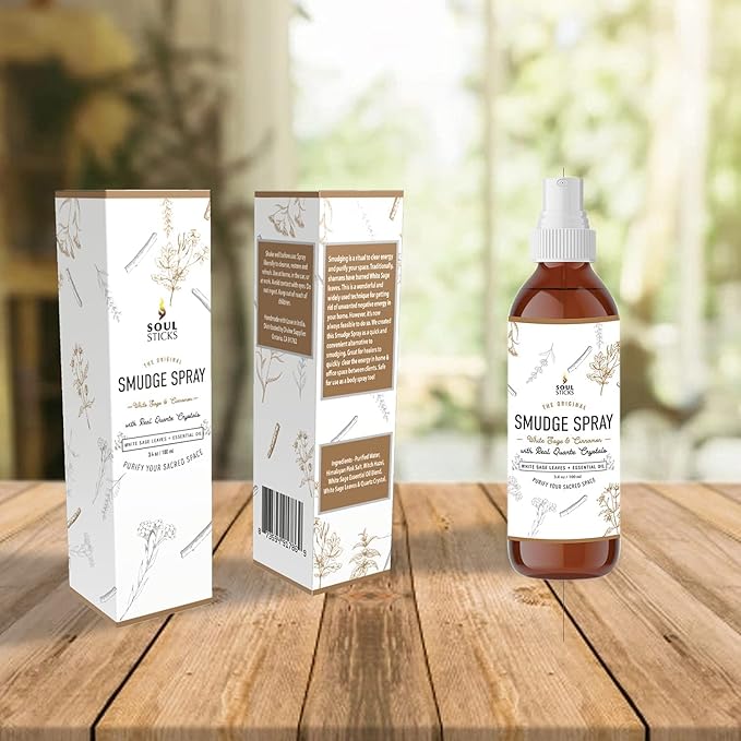 SOUL STICKS Aroma Smudge Kit | Gift Set with Little Smudgies Candles, Smudge Spray, Essential Oil and 2 Selenite Wand in White Gift Box (Cinnamon)