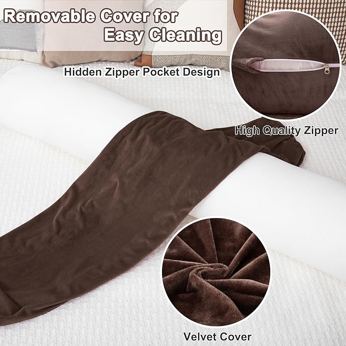 1 MIDDLE ONE Round Body Pillow for Adults, Long Bolster Pillow for Bed with Removable Velvet Cover, Decorative Tube Roll Cylinder Pillow, 47 x 7.87 Inch, Coffee
