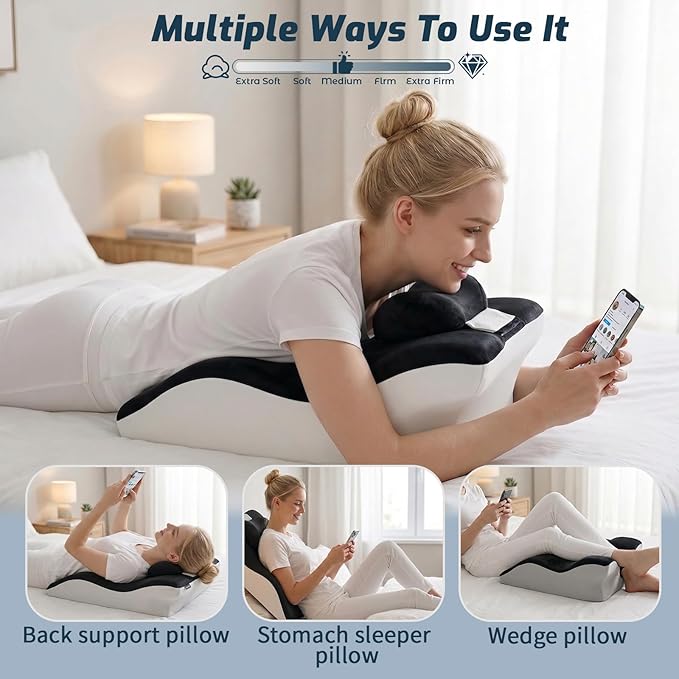 Ergonomic Wedge Prone Pillow,Memory Foam Multi-Functional Bed Pillow,Reading Pillow,Ideal for Bed Breaks,Massage,Reading,Back Support,Sleeping,and Leg Pain Relief