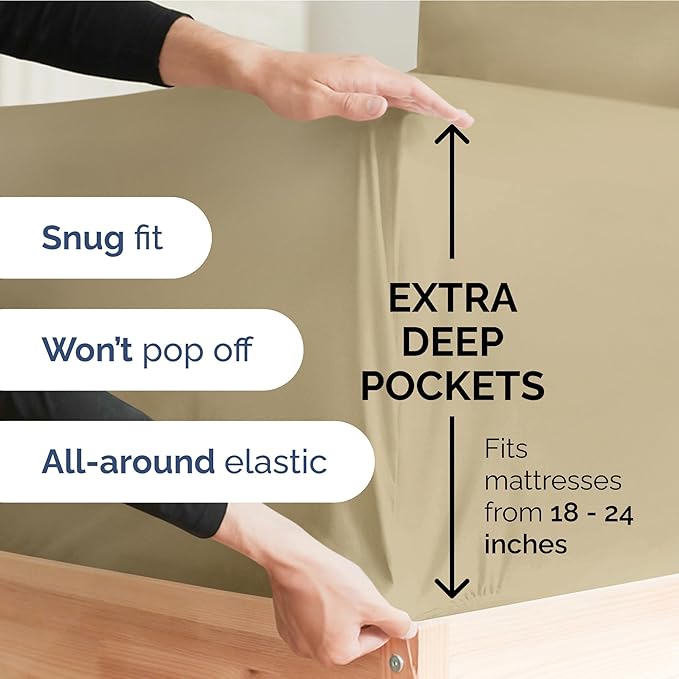 Extra Deep Twin Sheet Set - 3 Piece Breathable & Cooling Bed Sheets - Easily Fits 18 to 24 inch Mattress - Ultra Soft, Wrinkle & Fade Free w/ Extra Deep Pockets - Comfy Hotel Luxury Bedding - Beige