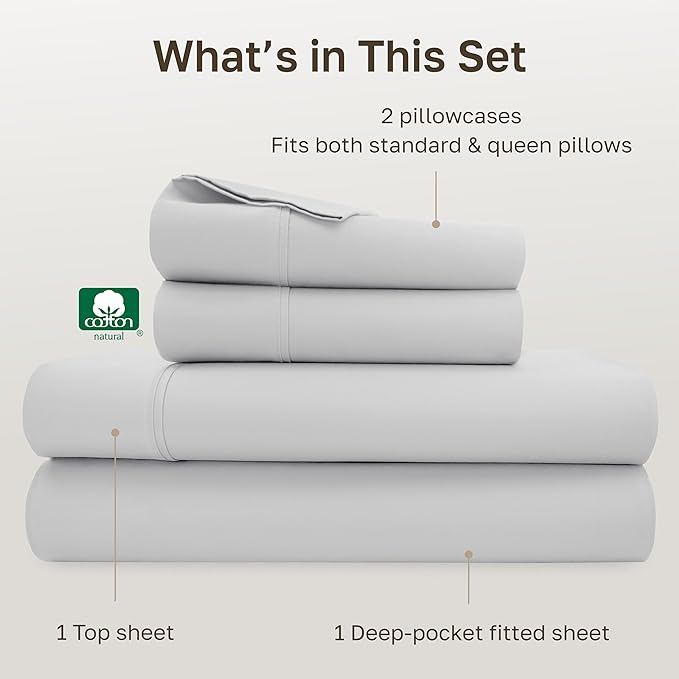 California Design Den Soft Cotton Queen Size Bed Sheets Set, 400 Thread Count Good Housekeeping Award Winner, Silky Smooth Sateen with Deep Pockets, Breathable and Durable Queen Bedding Set - Silver