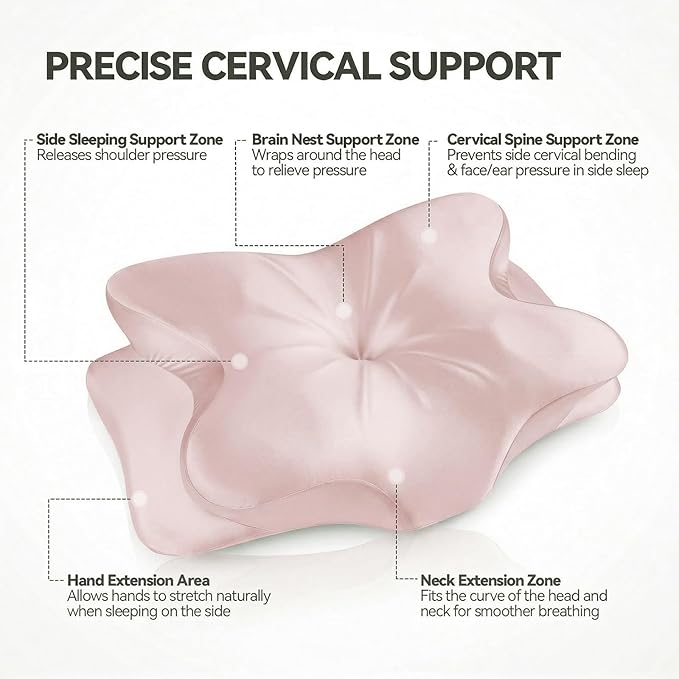 Cervical Neck Pillow for Neck Pain Relief,Ergonomic Memory Foam Contour Pillow with Wrinkle-Resistant Silky Satin Fabric Cover,Orthopedic Bed Pillow for Side,Back,Stomach Sleepers,Pink