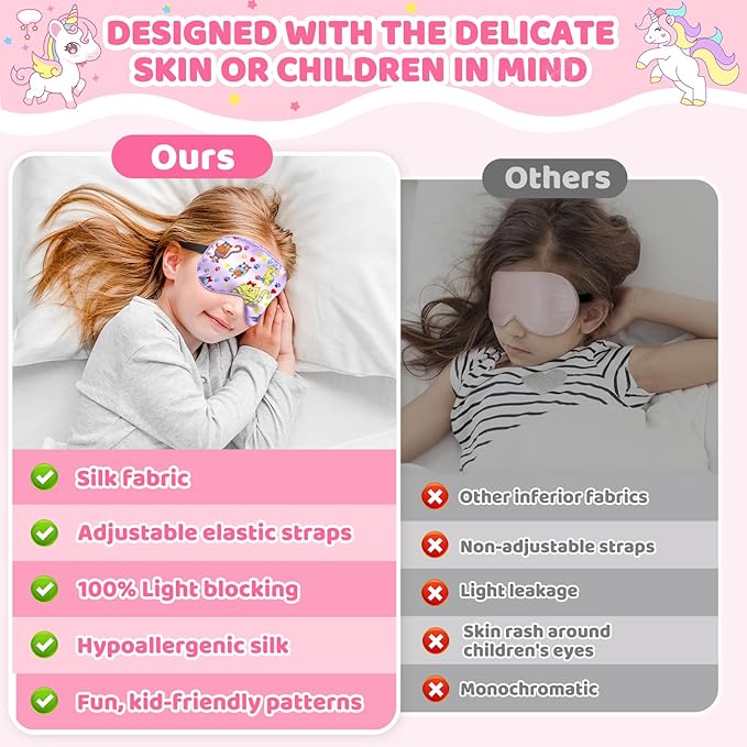 2 Pcs Sleep Mask for Kids Girls, Silk Eye Covers for Sleeping, Adjustable Strap & Light Blocking Design, Children's Bedtime Blindfold for Travel and Home Use (Rainbow Unicorn)