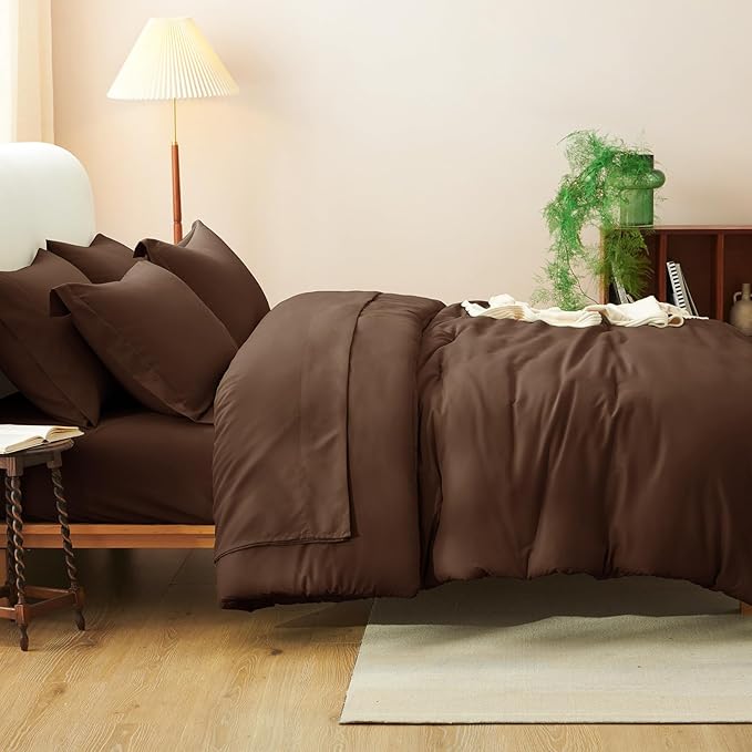 CozyLux Oversized Queen Comforter Set Brown, 7 Pieces Bed in a Bag Comforter Set with Sheets, Luxury Soft Bedding Sets with Down Alternative Comforter, Fitted Sheet, Flat Sheet, Pillowcases & Shams