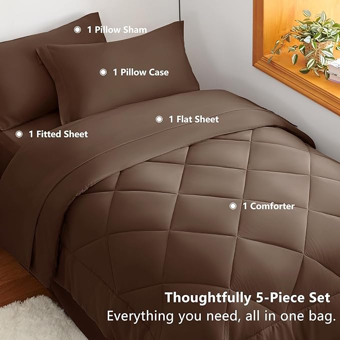 CozyLux Twin Comforter Set with Sheets Brown - 5 Pieces Bed in a Bag Twin, All Season Bed Set for Girls and Boys, Bedding Set with Down Alternative Comforter, Sheets, Pillowcase & Sham