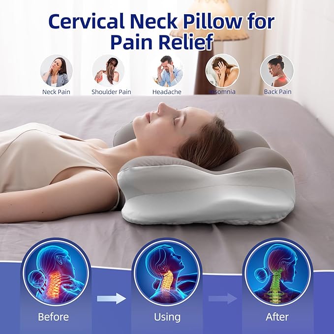FUNCCUBE Cervical Neck Pillow - Memory Foam Pillows for Pain Relief Sleeping with Cooling Pillowcase, Ergonomic Contour Odorless Bed Pillow for Back Side Shoulder Stomach Sleeper, Queen Gray