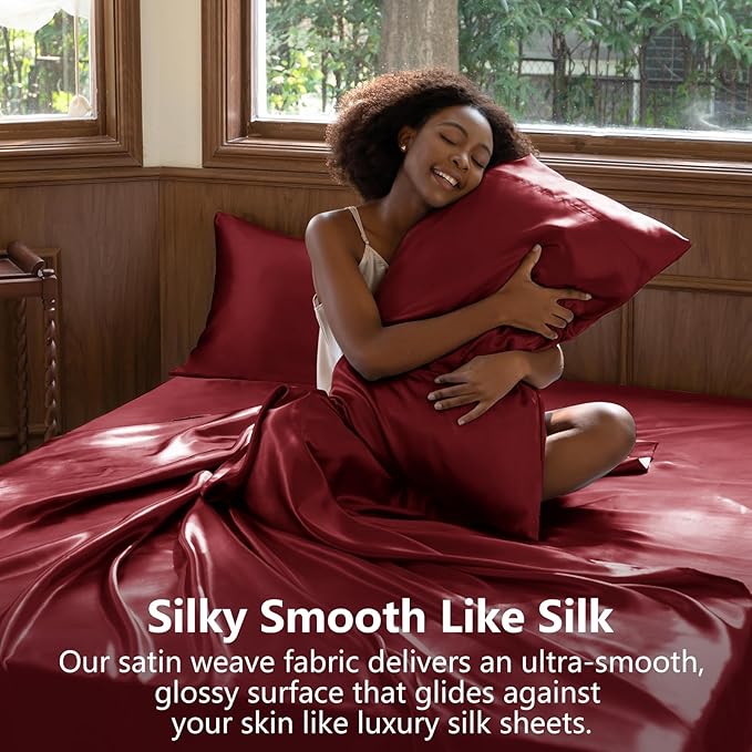 CozyLux Satin Sheets Queen Size Bed Set - 6 Piece Silky Queen Sheet Set, Luxury Burgundy Queen Sheets with Smooth and Soft Microfiber, Includes 1 Fitted Sheet, 1 Flat Sheet and 4 Pillowcases