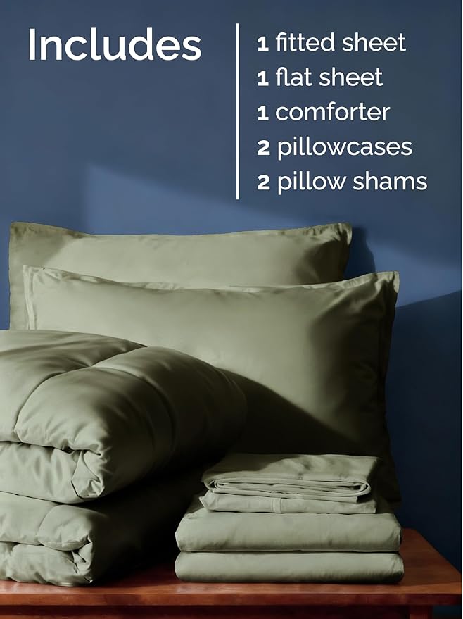 King Comforter Set - 7 Piece Bed in a Bag King Size Bed Set - Down Alternative Comforter, Flat Sheet, Fitted Sheet, Pillowcase & Shams for All Seasons - Ultra Soft, Comfy and Breathable - Sage Green