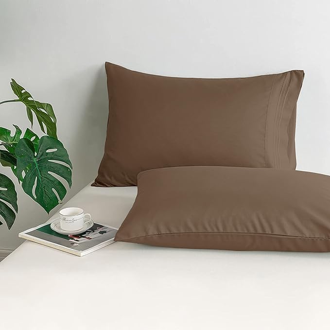 Mocassi 2-Piece Premium King Pillowcase Set 1800 Series Hotel Quality Microfiber - Soft and Breathable with 3-Line Embroidery Wrinkle and Stain Resistant, Easy Care, 20" x 40", Taupe