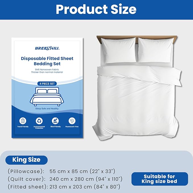 4 Pack Disposable Bed Sheets Fitted Sheet King Size, Disposable Travel Sheet for Hotel with Quilt Cover and Pillowcase,Disposable Sheets for Travel
