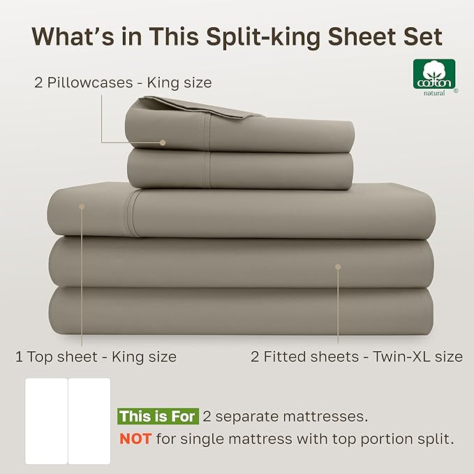California Design Den Soft 100% Cotton Bed Sheets Split King Set, 400 TC Good Housekeeping Award Winner, Silky Smooth Sateen with Deep Pockets, Breathable and Durable Split King Bedding Set - Taupe