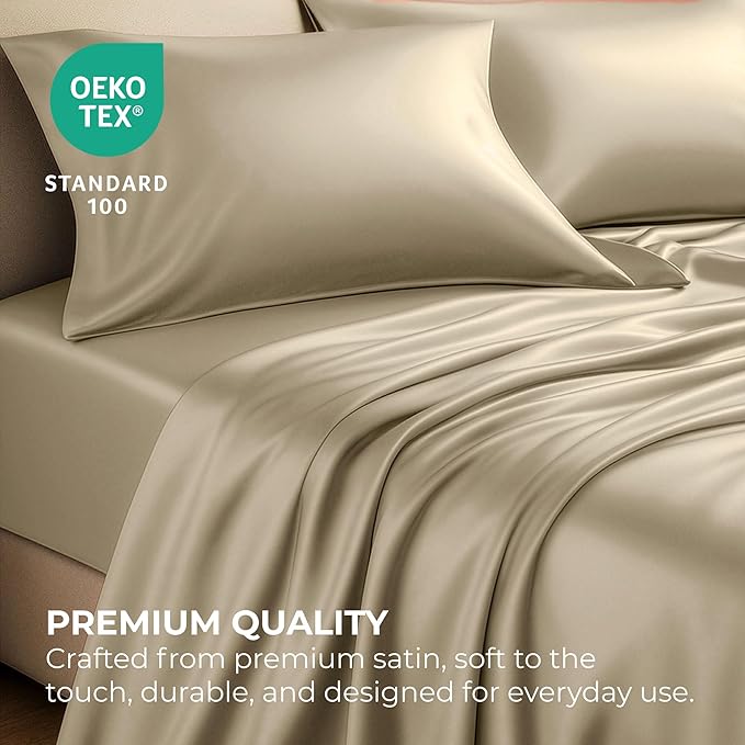 Satin Sheets Full [4-Piece, Champagne Gold] Hotel Luxury Silky Bed Sheets - Extra Soft 1800 Microfiber Sheet Set, Wrinkle, Fade, Stain Resistant - Deep Pocket Fitted Sheet, Flat Sheet, Pillow Cases