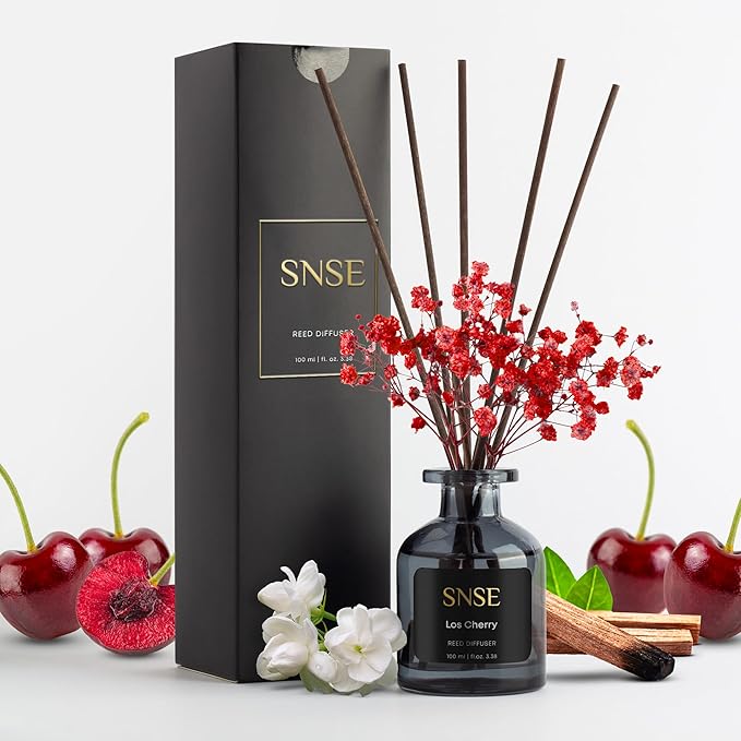 SNSE Los Cherry with Flowers Perfumed Reed Diffuser Set | 3.38 oz Scent Fragrance Oil Diffuser for Bedroom, Bathroom, Home Décor and Gift, Decorative Air Fresheners with Sticks