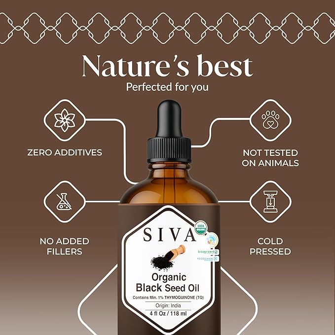 Siva Black Seed Oil Organic - 4 Fl Oz – 100% Natural Cold Pressed Black Seed Oil - for Face, Skin Care, Hair Care, Scalp Massage & Body Massage – Carrier Oil with Dropper