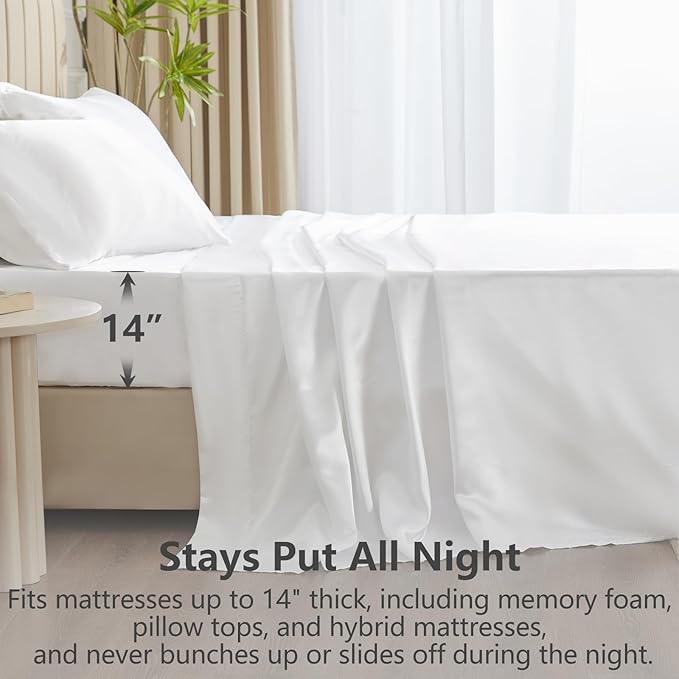 CozyLux Satin Sheets King Size Sheet Set - 4 Piece Silky King Sheets, Luxury White King Bed Set with Smooth and Soft Microfiber, Includes 1 Fitted Sheet, 1 Flat Sheet and 2 Pillowcases