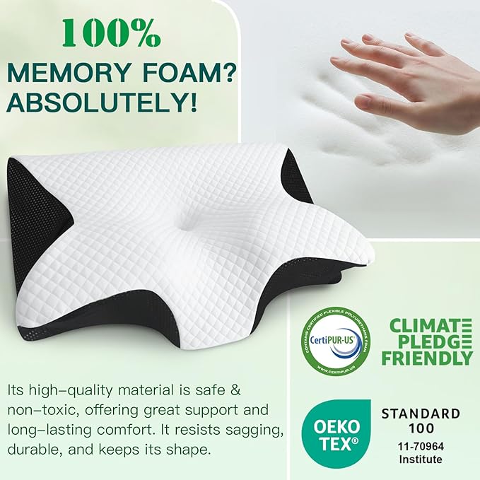 Memory Foam Cervical Pillow, 2-in-1 Ergonomic Neck Support Pillow with Armrest & Ear Hole, Contour Orthopedic Bed Pillow for Pain Relief, Adjustable Height for Side, Back & Stomach Sleepers
