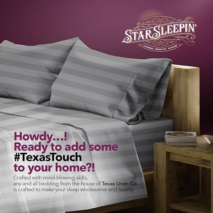 TEXAS LINEN CO. 100% Egyptian Cotton Queen Sheets Set - Luxury 1200 Series Star Sleepin' Damask Egyptian Cotton Sheets Queen Size (4 PC, Dark Grey Stripe), 17" Deep Pocket, Cooling Hotel Bedding Set