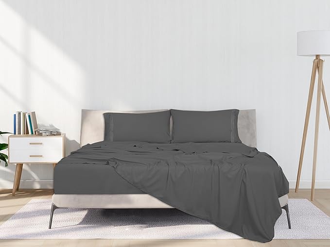 ROYALE LINENS 4 Piece King Sheets Set - Soft Brushed 1800 Microfiber Bedding - 1 Fitted and 1 Flat Sheet, 2 Pillow Cases - Wrinkle Free & Fade Resistant - Hotel Luxury Bed Sheets Set (Grey, King)