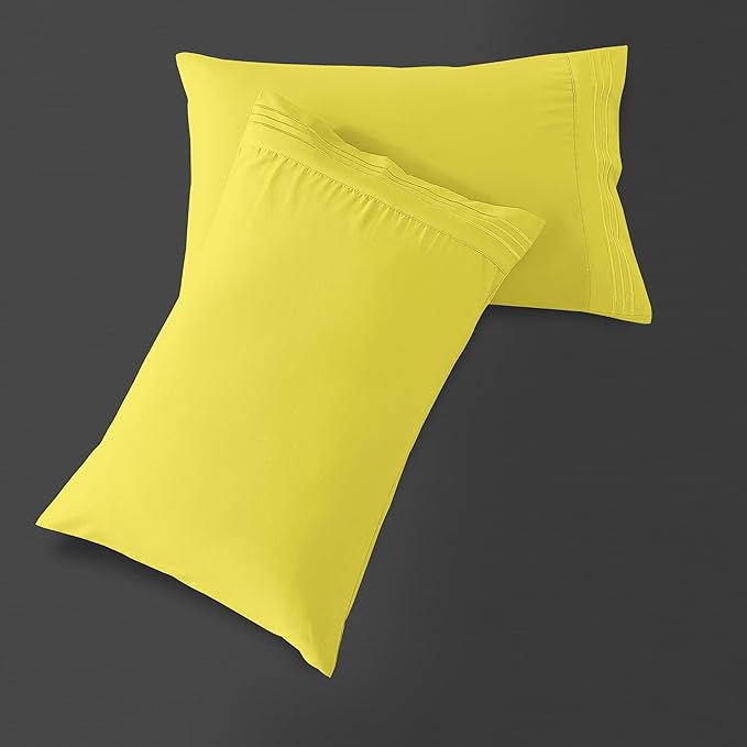 Mocassi 2-Piece Premium Standard/Queen Pillowcase Set 1800 Series Hotel Quality Microfiber - Soft and Breathable with 3-Line Embroidery Wrinkle and Stain Resistant, Easy Care, 20" x 30", Yellow