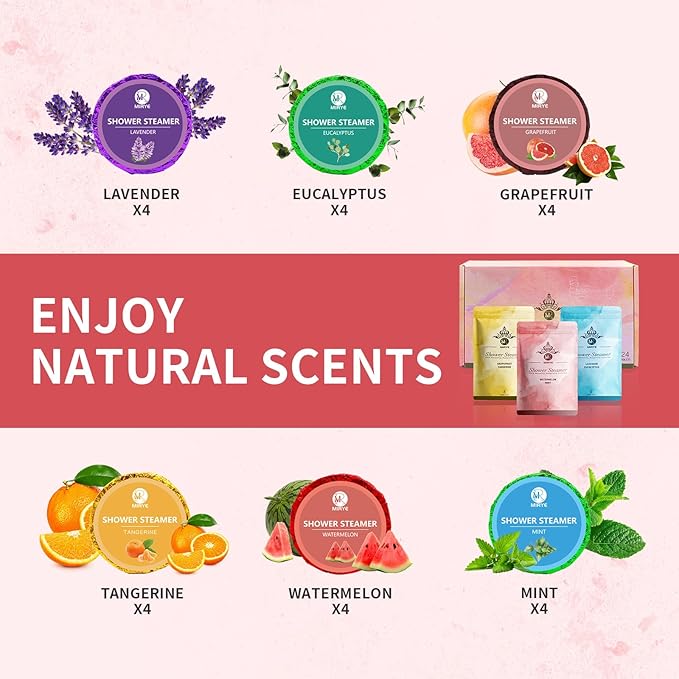 MR MIRYE Shower Steamers Aromatherapy, 24-Pack Shower Bombs Birthday Gifts for Women, Valentine's Day Gift with Eucalyptus Mint Lavender Watermelon Grapefruit Tangerine Essential Oils