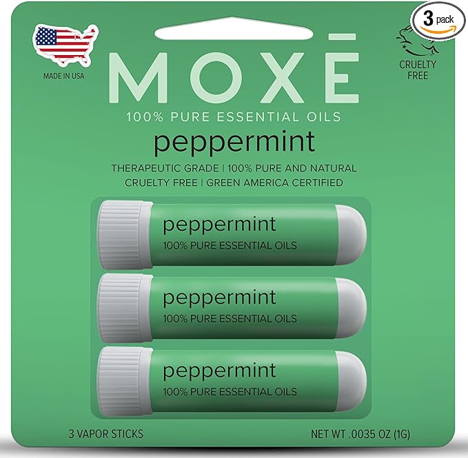 MOXE Peppermint Essential Oil Nasal Inhaler, Therapeutic No-Mess Aromatherapy, Cooling, Refreshing, Invigorating, Uplifts Mood and Positivity, Pure and Undiluted, Made in USA (3 Pack)