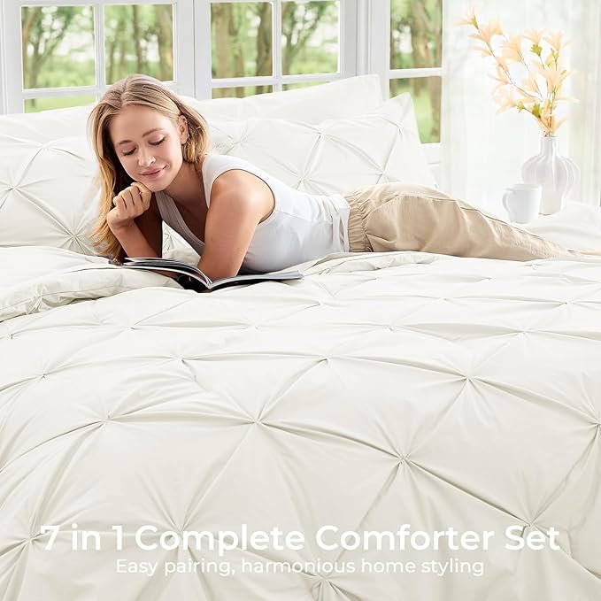 Sasttie Full Size Comforter Set, 7-Piece Bed in a Bag, Pintuck Bedding Set for All Season, Includes Comforter, Flat Sheet, Fitted Sheet, Pillowcases and Pillowshams, Ivory