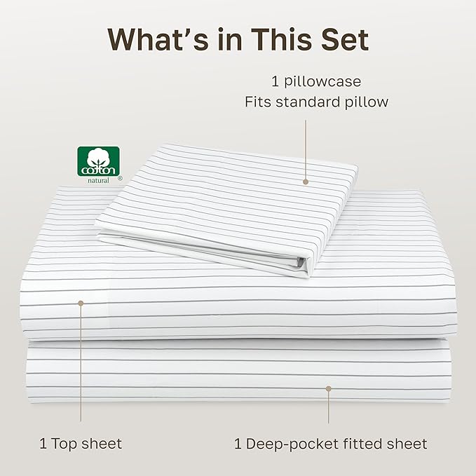 California Design Den Soft 100% Cotton Twin Size Bed Sheets Set, 400 Thread Count Good Housekeeping Award Winner, Smooth Sateen Finish, Cozy and Durable Twin Bedding Set - Pinstripe