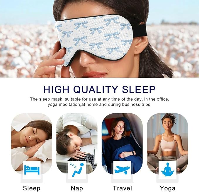 Blue Bows Sleep Mask Soft Cooling Eye Masks for Sleeping with Elastic Strap Night Blindfold for Women Men Travel