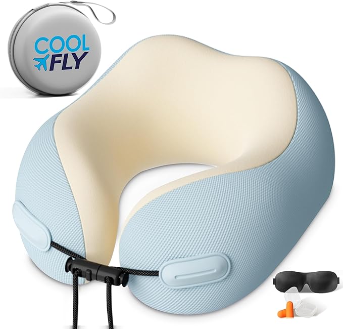 Cool Fly - Cool Colors Travel Neck Pillow Set. Cool Bright Fashion Pastel Colors. Luxury Memory Foam Airplane Adjustable Pillow. Cooling Silky Breathable Cover with Bonus Sleep mask, Blue-Beige