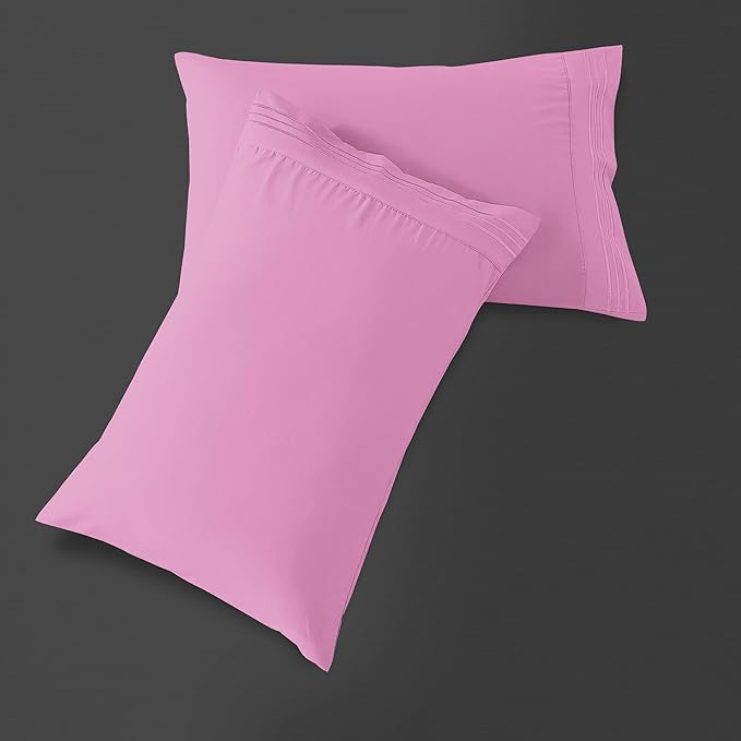 Mocassi 2-Piece Premium Standard/Queen Pillowcase Set 1800 Series Hotel Quality Microfiber - Soft and Breathable with 3-Line Embroidery Wrinkle and Stain Resistant, Easy Care, 20" x 30", Light Pink