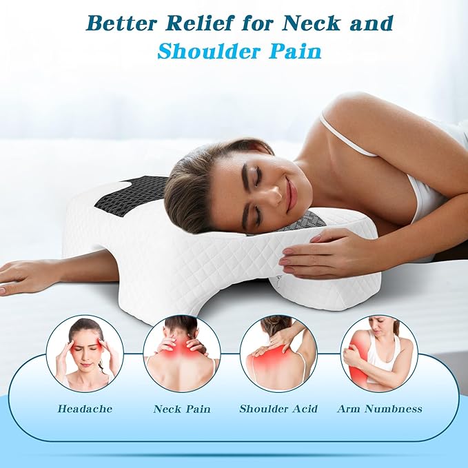 Side Sleeper Pillow with Arm Hole, Shoulder Relief System, Arm Pillow for Neck and Shoulder Pain, Premium Memory Foam, Suitable for Side, Back and Stomach Sleepers - Grey, 6in Height