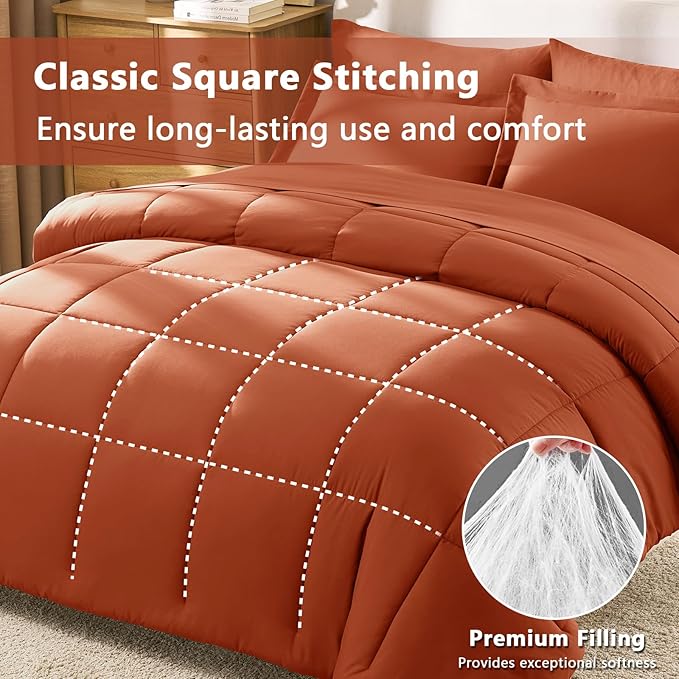 CozyLux Queen Comforter Set Terracotta - 7 Pieces Bed in a Bag Queen, All Season Breathable Bedding Sets, Oeko-Tex Certified Bed Set with Down Alternative Comforter, Sheets, Pillowcases & Pillow shams