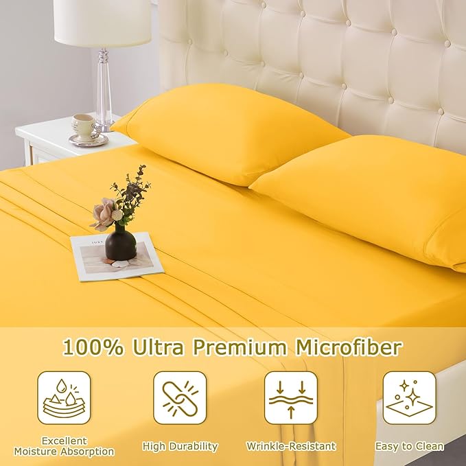 Full Size Bed Sheet Set - 4 Piece Soft Microfiber Sheets with Deep Pockets, Cooling Technology, and Wrinkle-Free Pillowcase. Hotel-Quality, Durable Bedding, Spectra Yellow