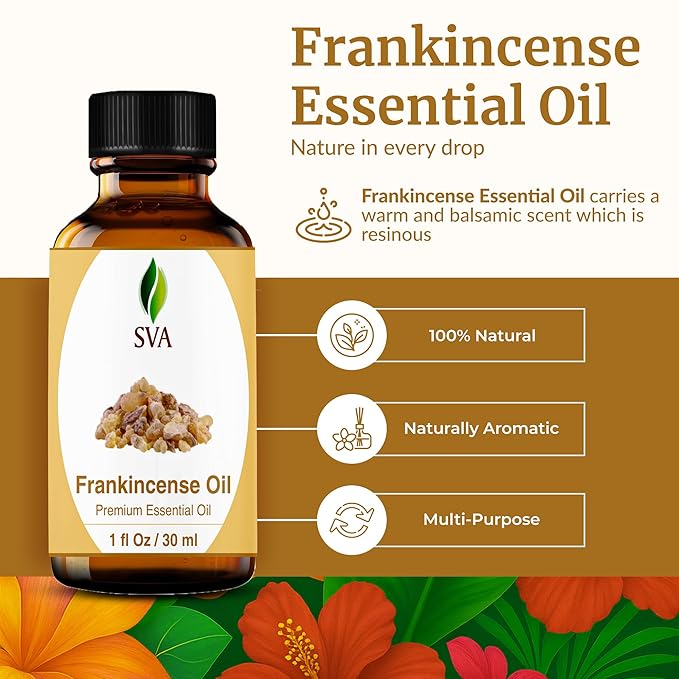 SVA Frankincense Essential Oil – 1 Fl Oz – 100% Natural Boswellia Carterii Oil - for Diffuser, Hair Care, Face, Skin Care, Aromatherapy, Scalp and Body Massage, Soap and Candle Making – with Dropper