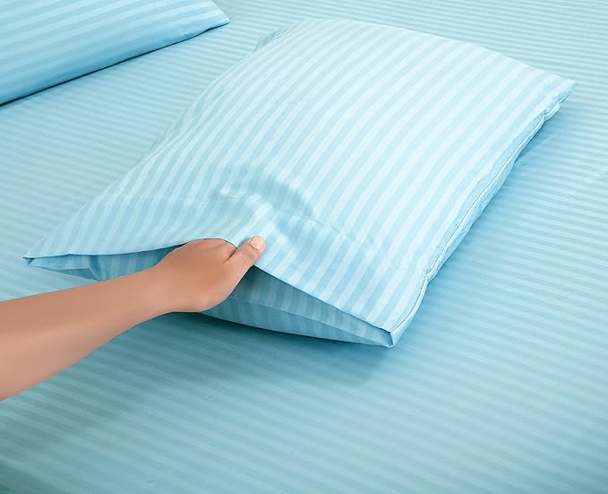 ROYALE LINENS 3 Piece Twin Sheets Set - Soft Brushed 1800 Microfiber - 1 Fitted, 1 Flat Sheet, 1 Pillow case - Wrinkle Free & Fade Resistant - Hotel Luxury Bed Sheets (Stripe Lake Blue, Twin)