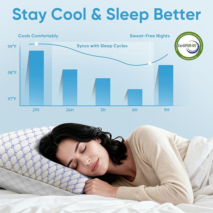 OAISZ Cooling Pillow Standard Size 2 Pack, Shredded Memory Foam Bed Pillows for Sleeping, Adjustable Pillows with Cooling Cover, Soft Yet Supportive Memory Foam Pillows for Side Back Stomach Sleepers