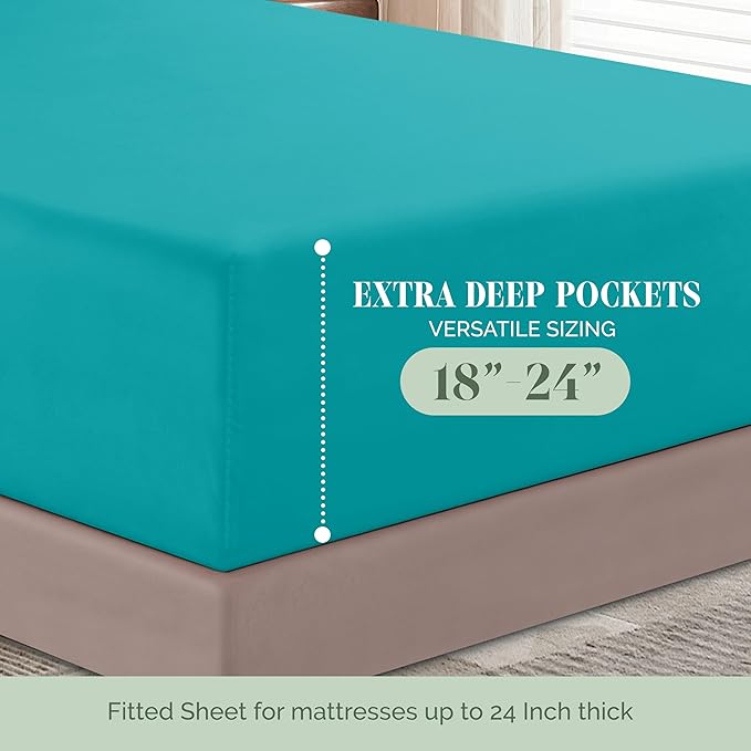 Elegant Comfort Luxury 1500 Premium Hotel Quality Microfiber 4-Piece Sheet Set - Soft, All Around Elastic 18-24 Inches Deep Fitted Sheet - Extra Deep Pocket Sheets, Full, Turquoise