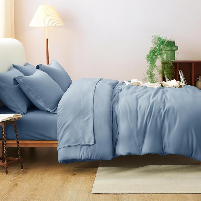 CozyLux California King Comforter Set Grayish Blue, 7 Pieces Cal King Dusty Blue Bed in a Bag Comforter Set with Sheets, Soft Bedding Set with Down Alternative Comforter, Sheets, Pillowcases & Shams