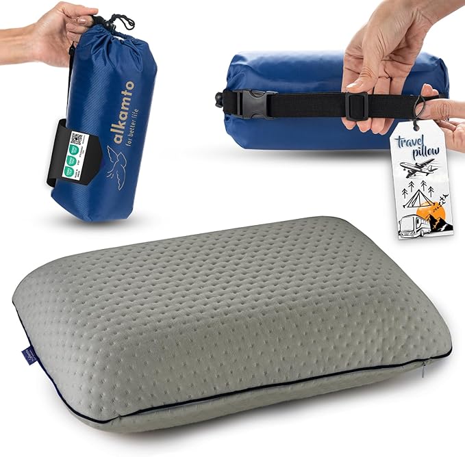 alkamto Travel & Camping Comfortable Memory Foam Pillow – Easy to Carry Portable Bag – Temperature Regulating Pillow Case (Grey)
