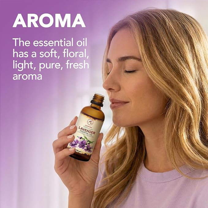 Lavender Essential Oil 3.4 Fl Oz - Lavandula Angustifolia - 100% Pure & Natural use for Tension Relief - Good Mood - Freshen Rooms - for Bath - Sauna - Scented Oils