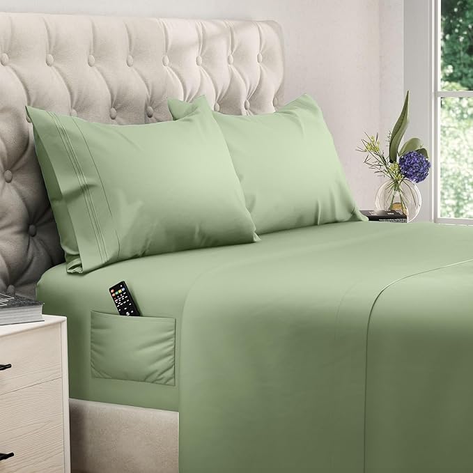 DREAMCARE Twin XL Sheet Sets - 4 pcs Breathable Cooling Bed Sheets - up to 15" Deep Pocket Twin XL Sheets Set with Side Pockets - Extra Soft 100% Brushed Hypoallergenic Hotel Luxury Bedding Sage Green
