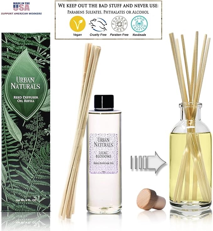 Urban Naturals Reed Diffuser Oil Refill, Lilac Blossoms Oil for Diffuser with Lilac, Violets, Lily of the Valley, 4 oz + Free Reed Sticks, Made in the USA