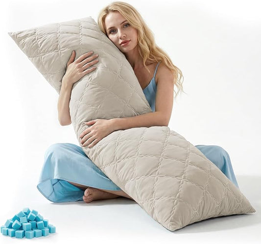 BEDELITE Cooling Body Pillow for Adults, Creative Ultra Soft Cool-Touch Quilted Nylon-Spandex Body Pillow Cover, Adjustable Memory Foam Long Pillow for Side Sleepers, Pregnancy & Back Pain(Linen)
