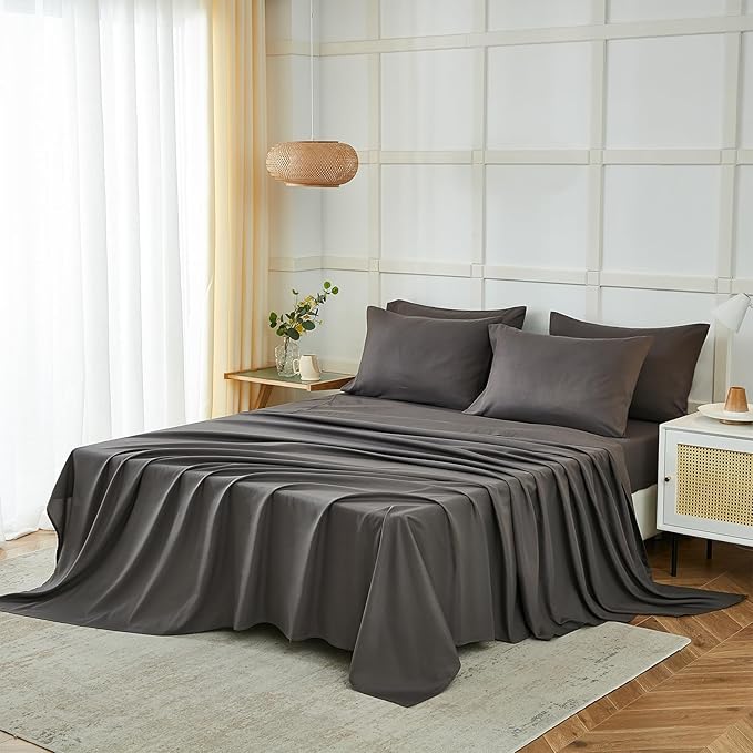 ILAVANDE King Size Sheets Set 6 Piece,Hotel Luxury Super Soft 1800 Series Microfiber Grey Bed Sheets King Set-Wrinkle Free & Breathable-14 Deep Pocket Sheets for King Size Bed(King,Neutral Grey)