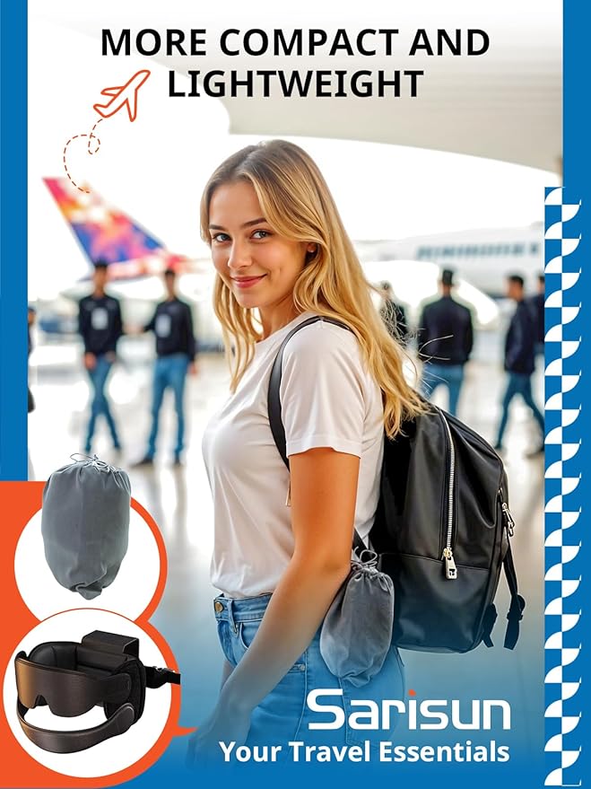 SARISUN Travel Pillow Combo with Chin Strap, Airplane Pillows with 3D Eye Mask for Sleeping, 360° Support Plane Head Strap for All Plane Seats, Long Flights Essentials, Stop Bobblehead, Mottle Blue