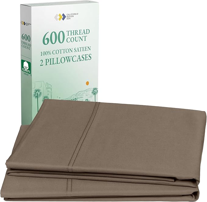 California Design Den Luxuriously Soft Premium 600 Thread Count, 100% Cotton King Size Pillowcases Set of 2, Crisp Fits King Size Pillows (Mushroom - Taupe Brown)